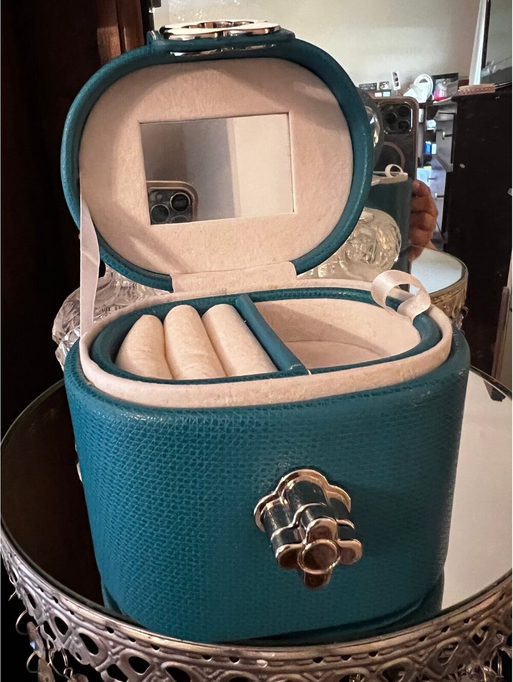 Unique Mini Turquoise Jewelry box 4”x4” Tuscan Designs with mirror ring holder